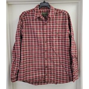 Eddie Bauer Men's Large Tall Shirt Maroon Beige Small Plaid Pocket Long Sleeves